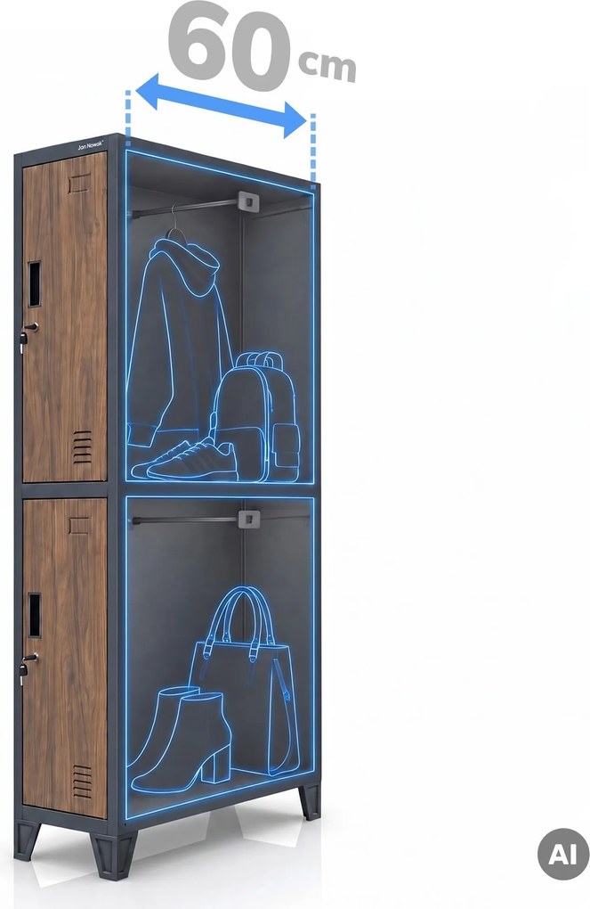 Öltözőszekrény fém munkahelyi mély 2 ajtós antracit/dió, 292x1720x600 mm: BARTEK 1 Plus D600 Eco Design