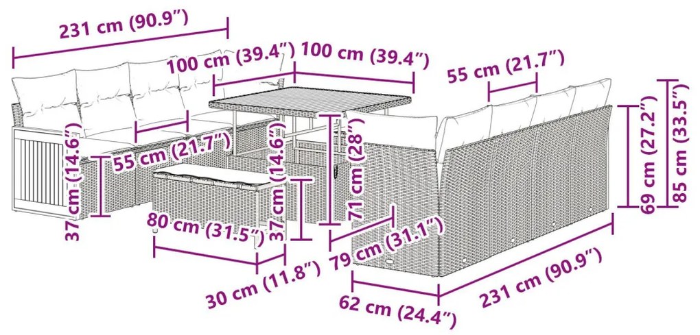 11 darabos kertikanapé szett párnákkal fekete poli rattan akácfával, 2 fős kertikanapé párnákkal fekete poli rattan, 3 darabos kertivacsora szett párnákkal fekete poli rattan akácfával