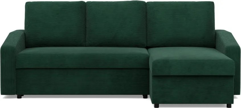Zeus sarokkanapé, 2 ágyneműtartóval, döntött kartámasz, kordbársony, univerzális oldal, hab töltet, zöld