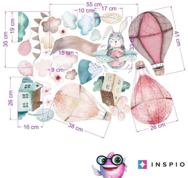 INSPIO Falmatrica gyerekszobába - Rózsaszín hőlégballon matrica névvel gyerekszobába