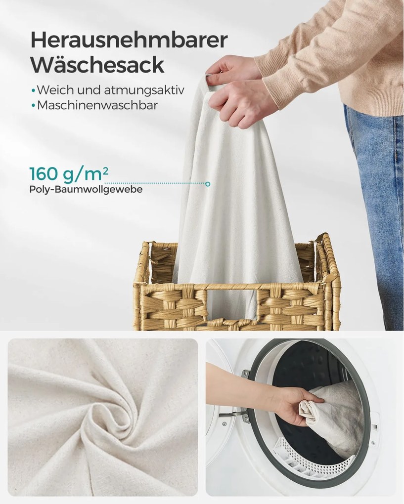 Kézzel fonott rattan szennyeskosár, összecsukható, kivehető zsákkal 90L, sárga