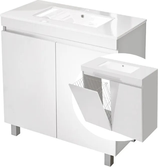 Fürdőszobaszekrény mosdóval 80 x 40 cm Fehér fényes Mdf szennyestartó kosárral