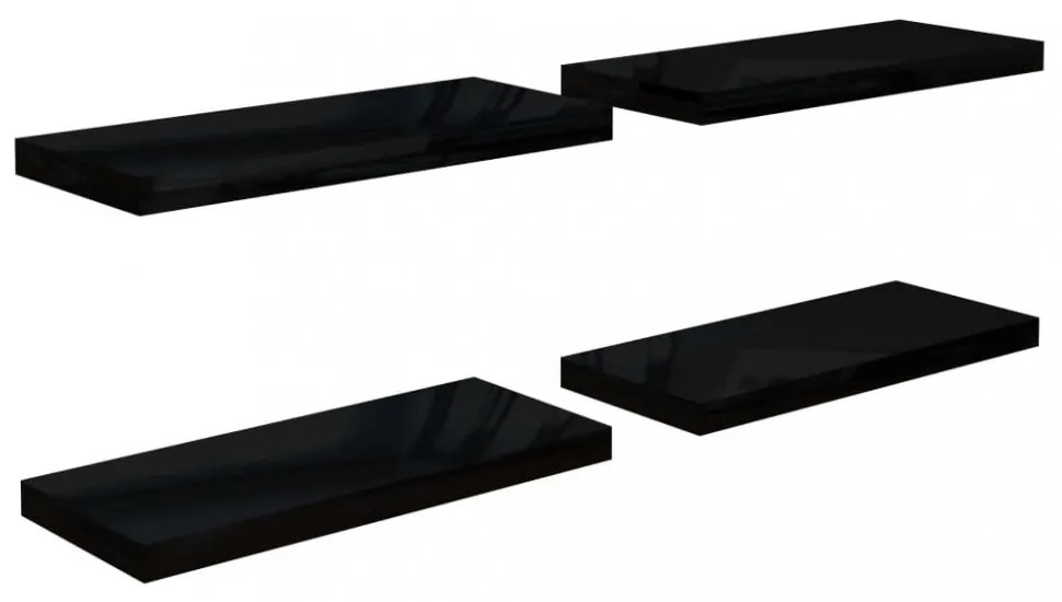 4 db magasfényű fekete MDF lebegő fali polc 60 x 23,5 x 3,8 cm