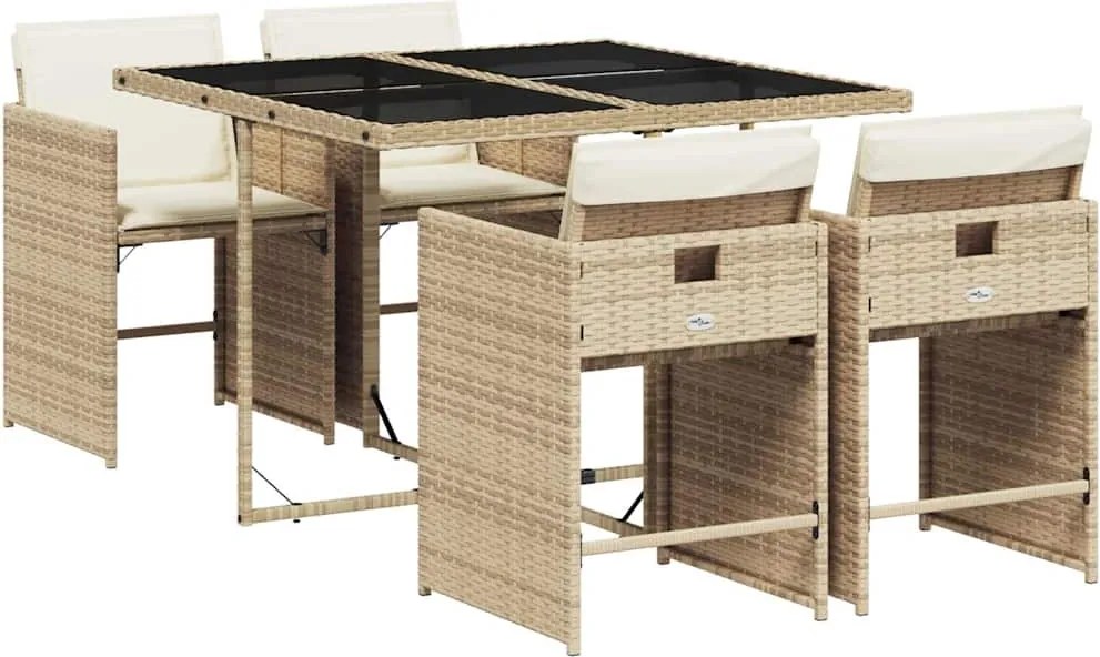vidaXL 5 részes bézs polyrattan kerti étkezőgarnitúra párnákkal