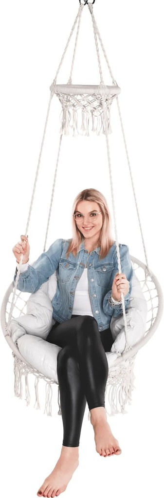 Függő hintaszék bojtokkal, fehér, DELUS