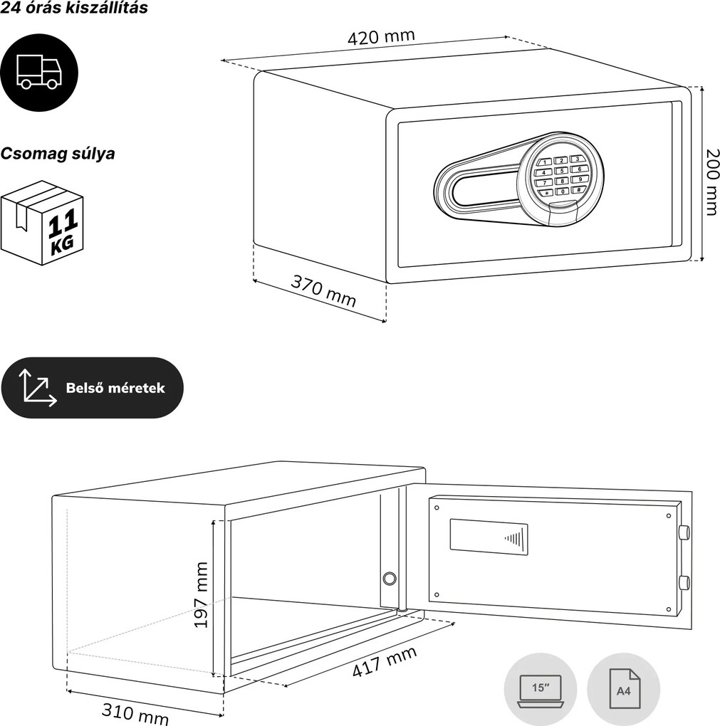 Hotelszéf elektronikus kódzárral, 15″ laptophoz és dokumentumokhoz, 200 x420x370 mm: ALFRED