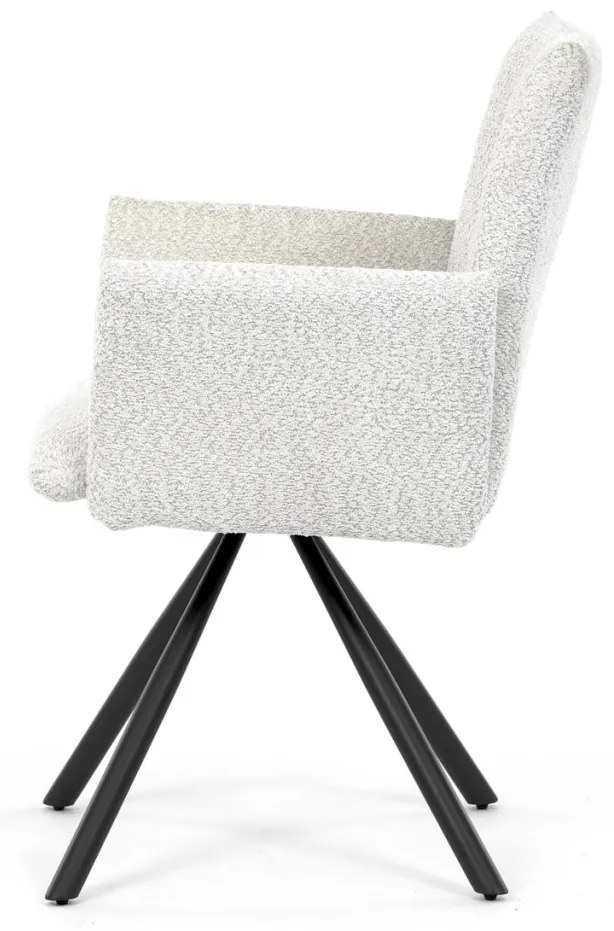 Scaun de sufragerie pivotant, țesătură Bouclé, picioare din metal negru, mecanism de rotire 90°/90° (dreapta/stânga) - funcție de resetare