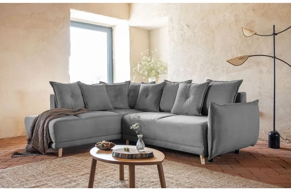 Szürke kordbársony kinyitható sarokkanapé (bal oldali) Lazy Lukka – Miuform
