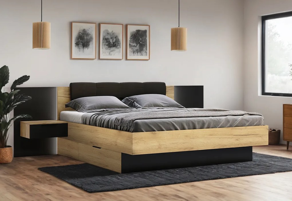 DOTA francia ágy + ágyrács + matrac MORAVIA + éjjeli szekrények, 160x200, tölgy Kraft zlatý/fekete