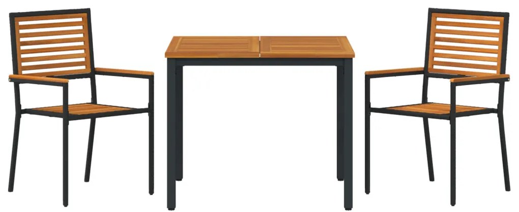 3 darabos kerti étkezőszett fekete műrattan akáccal, Egymásra rakható kerti székek párnákkal 2 db fekete műrattan, Kerti asztal 90x90x75 cm tömör akácfa és fém