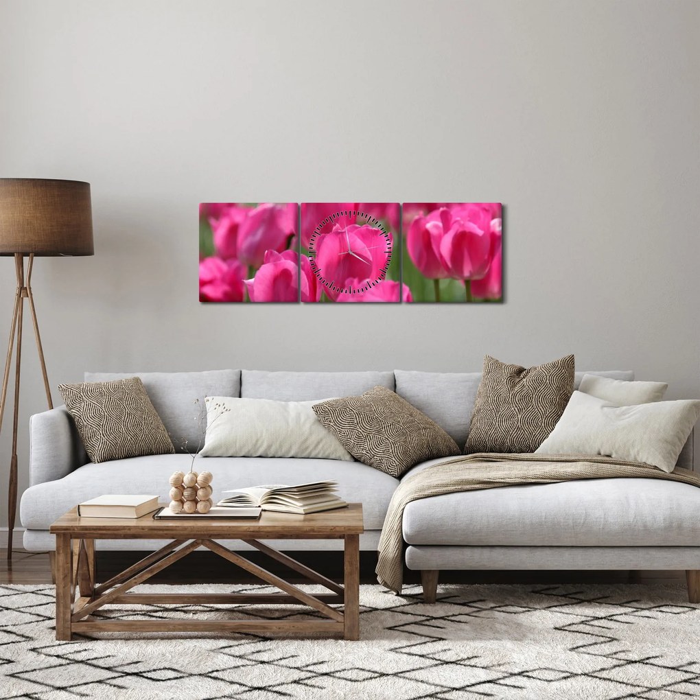 Kép - Rózsaszín tulipánok (órával) (90x30 cm)