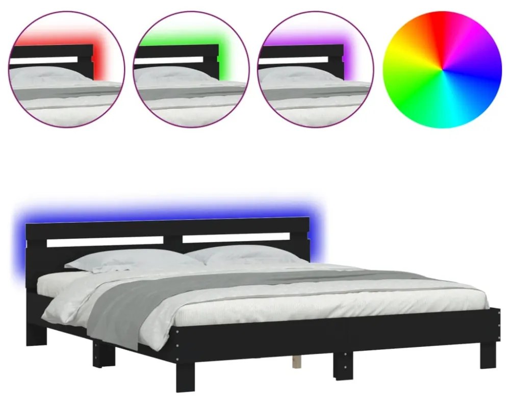fekete ágykeret fejtámlával és LED-del 200 x 200 cm