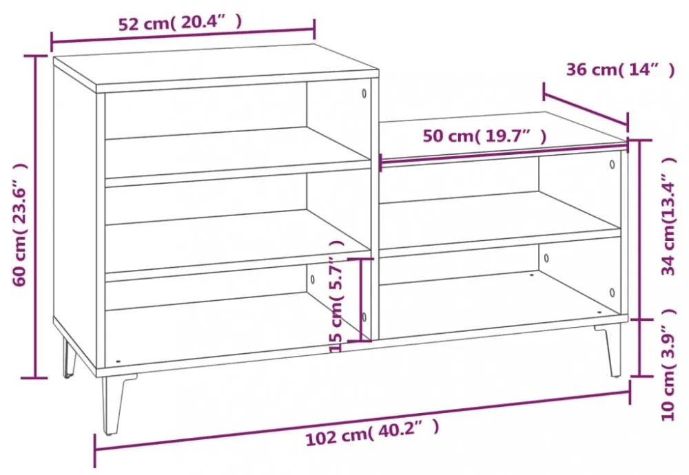 vidaXL fehér szerelt fa cipősszekrény 102x36x60 cm