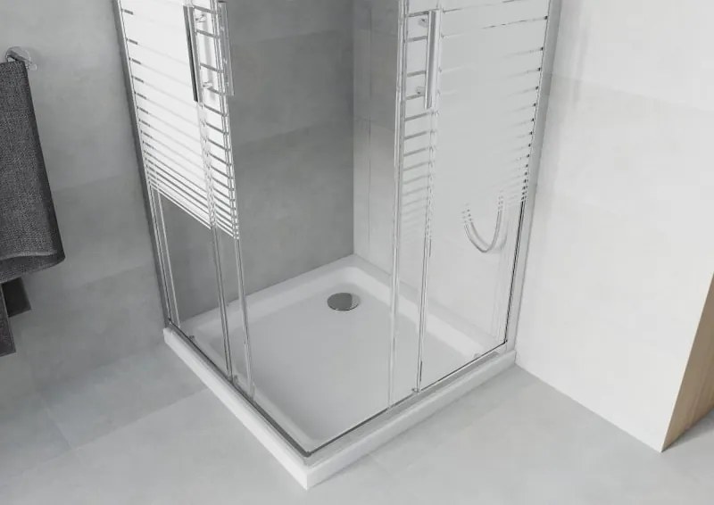 Mexen Rio 90 x 90 cm-es szögletes zuhanykabin, fehér csíkok, króm + Flat zuhanytálca, fehér - 860-090-090-01-20-4010