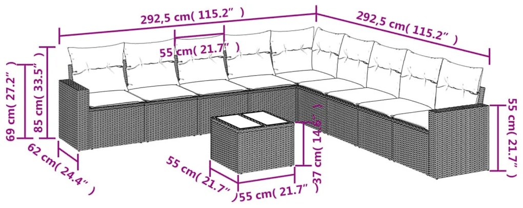 vidaXL 10 részes fekete polyrattan kerti ülőgarnitúra párnákkal