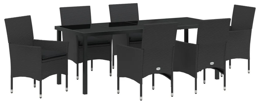 7 Darabos Kert Étkező Készlet Párnákkal Fekete Poli Rattan, Kert Asztal Fekete 200x80x73 cm Edzett Üveg