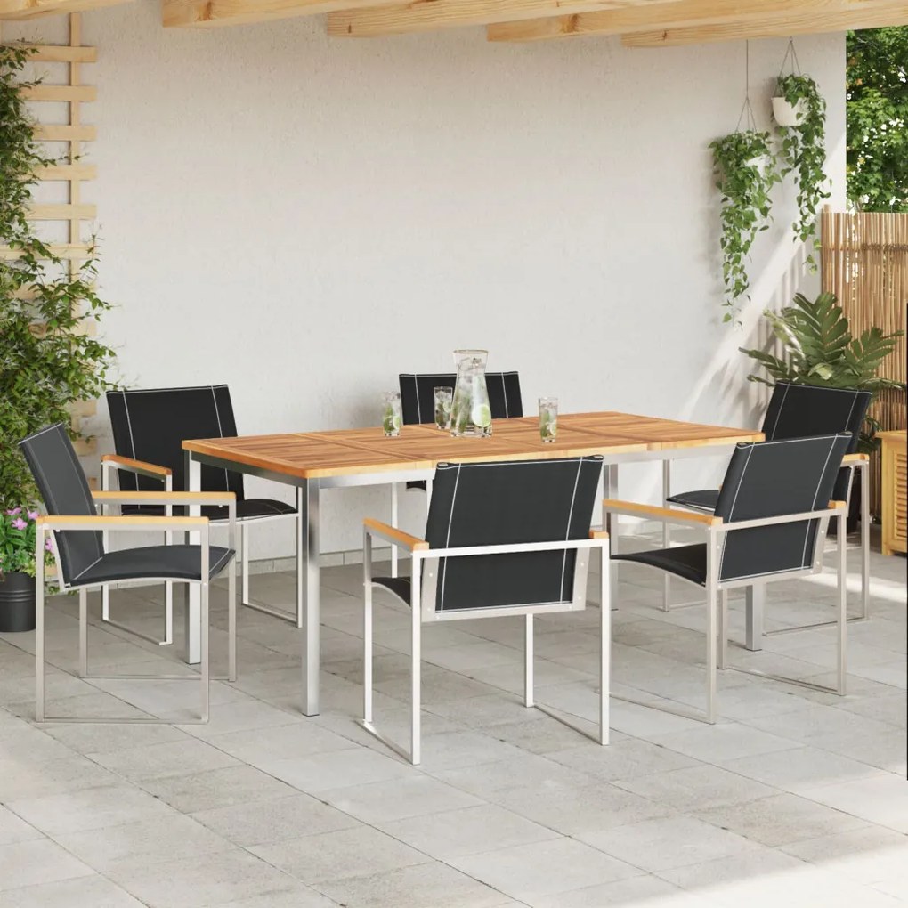 7 Részes Kert Étkező Szett Tömör Fa Akác, Kültéri Étkező Asztal 180x90x75 cm Tömör Fa Akác