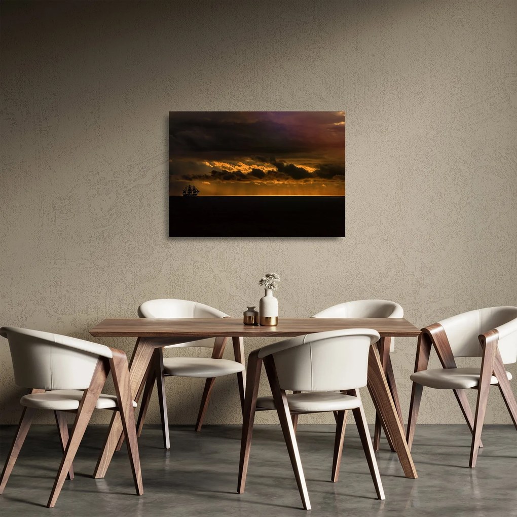 Egy vitorlás naplementekor képe (üvegen) (70x50 cm)