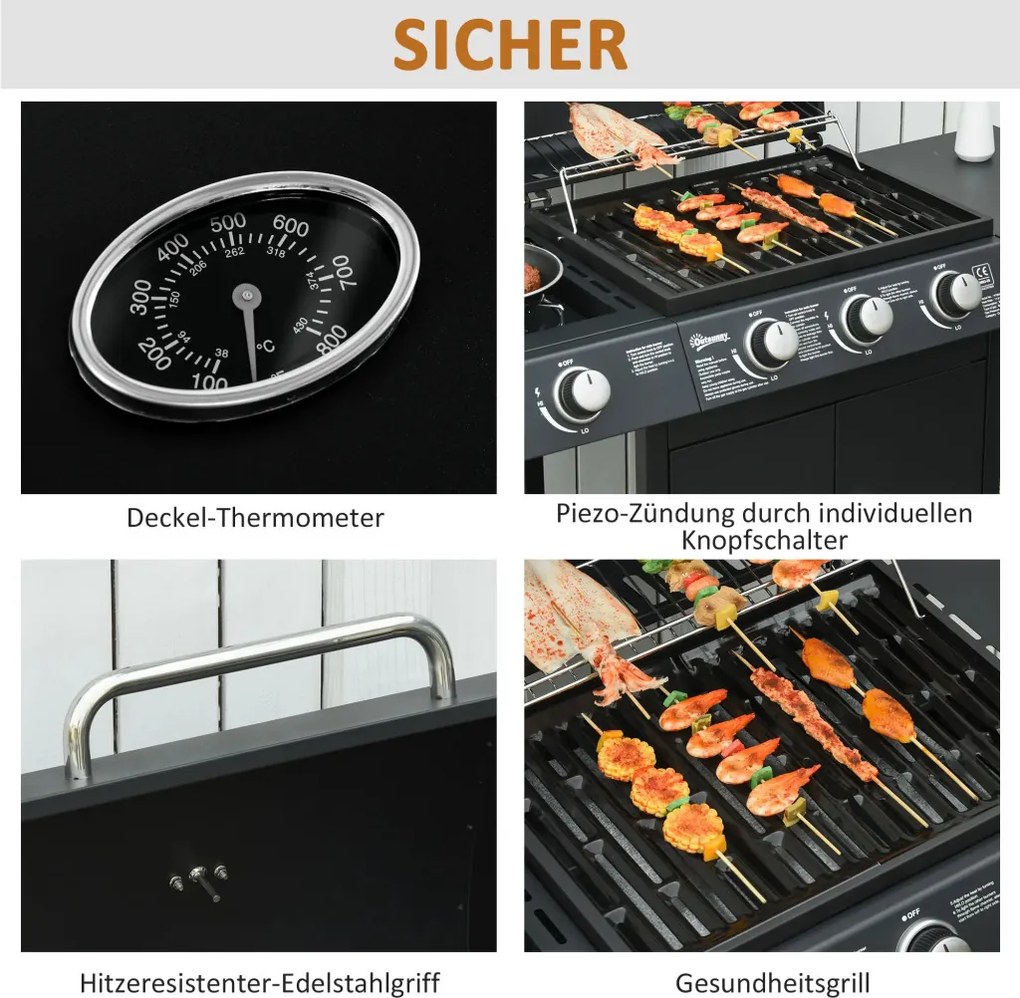 Outsunny Gázgrill 3 fő égővel + 1 oldalsó égővel, tárolópolccal, rozsdamentes acél, fekete