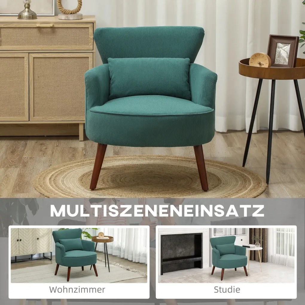 HOMCOM Modern fotel, kárpitozott kiegészítő fotel ágyéki párnával, gumifa lábak, sötétzöld