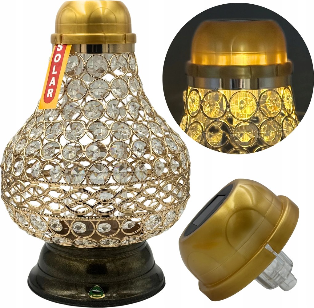 Nagy Led-es Napelemes Mécses 33 cm Lampion Sírra Temető Karafa Prémium Arany