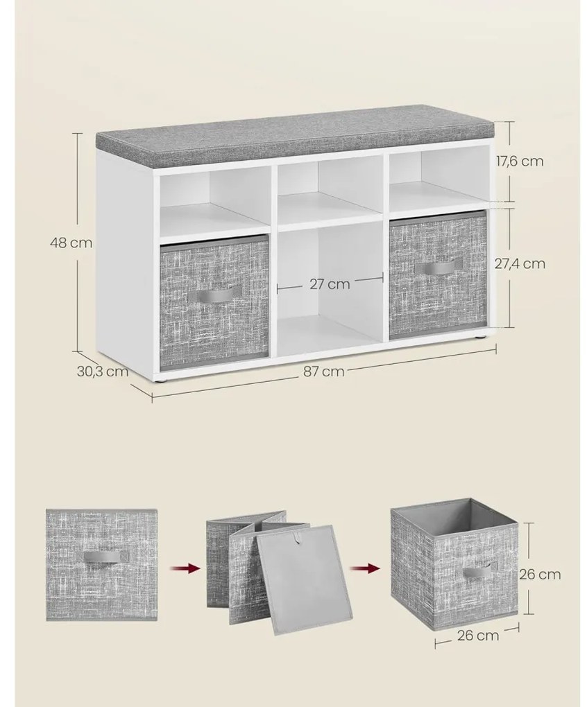 Cipőpad, 6 rekesszel, cipőrendező ülőke, 3 szövet tárolódoboz, felhő fehér galamb szürke