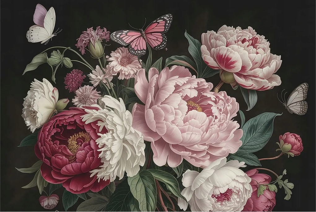 Fotótapéta Flizelina Nappali és Hálószoba Bazsarózsa és pillangók 104x70