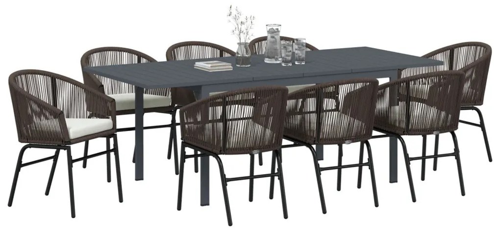 10 részes kerti étkezőszett párnákkal Barna Poli Rattan, Bővíthető kerti asztal Antracit (140-210)x90x73 cm Acél