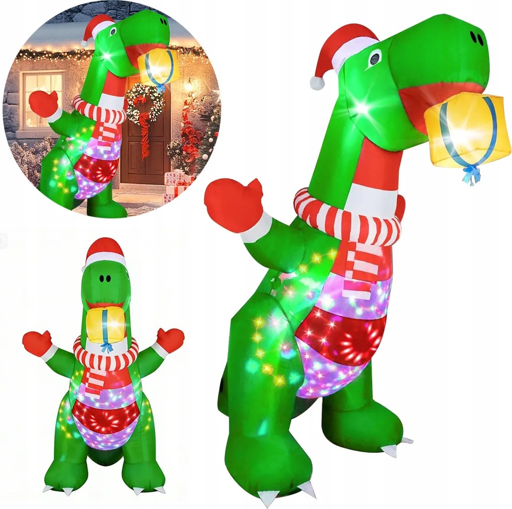 Profi Nagy Felfújható Karácsonyi Dísz Dinoszaurusz 240 CM Karácsonyi Led Dekoráció