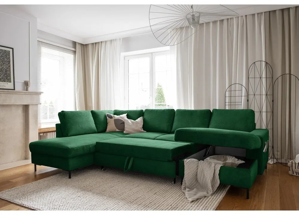 Sötétzöld kordbársony kinyitható sarokkanapé (bal oldali) Lofty Lilly – Miuform