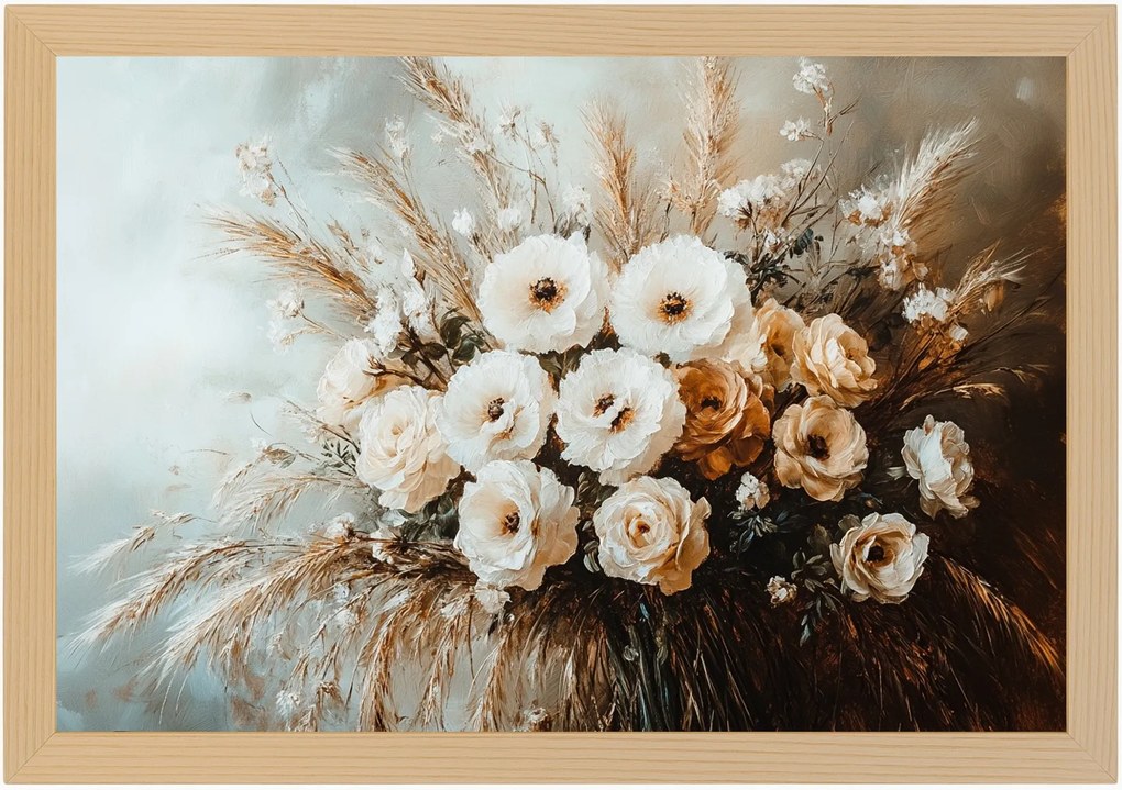 Poszter Keret Fa Dekoráció Csokor Virágok Fű Gabona Rózsa 60x40