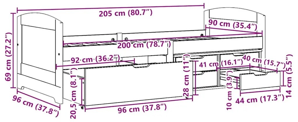Napozóágy 5 fiókkal matrac nélkül IRUN Fehér&amp;Rózsaszín 90x200cm