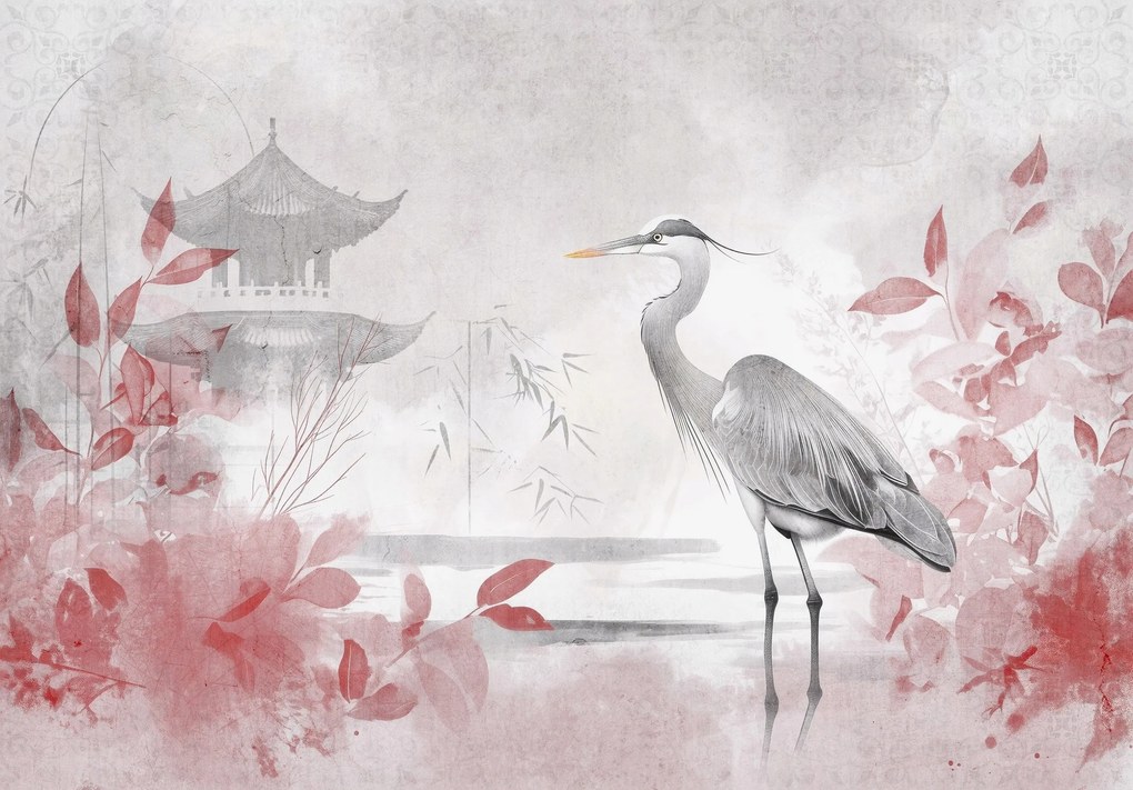 Fotótapéta levelek darvak madarak keleti stílus zen nappali hálószoba