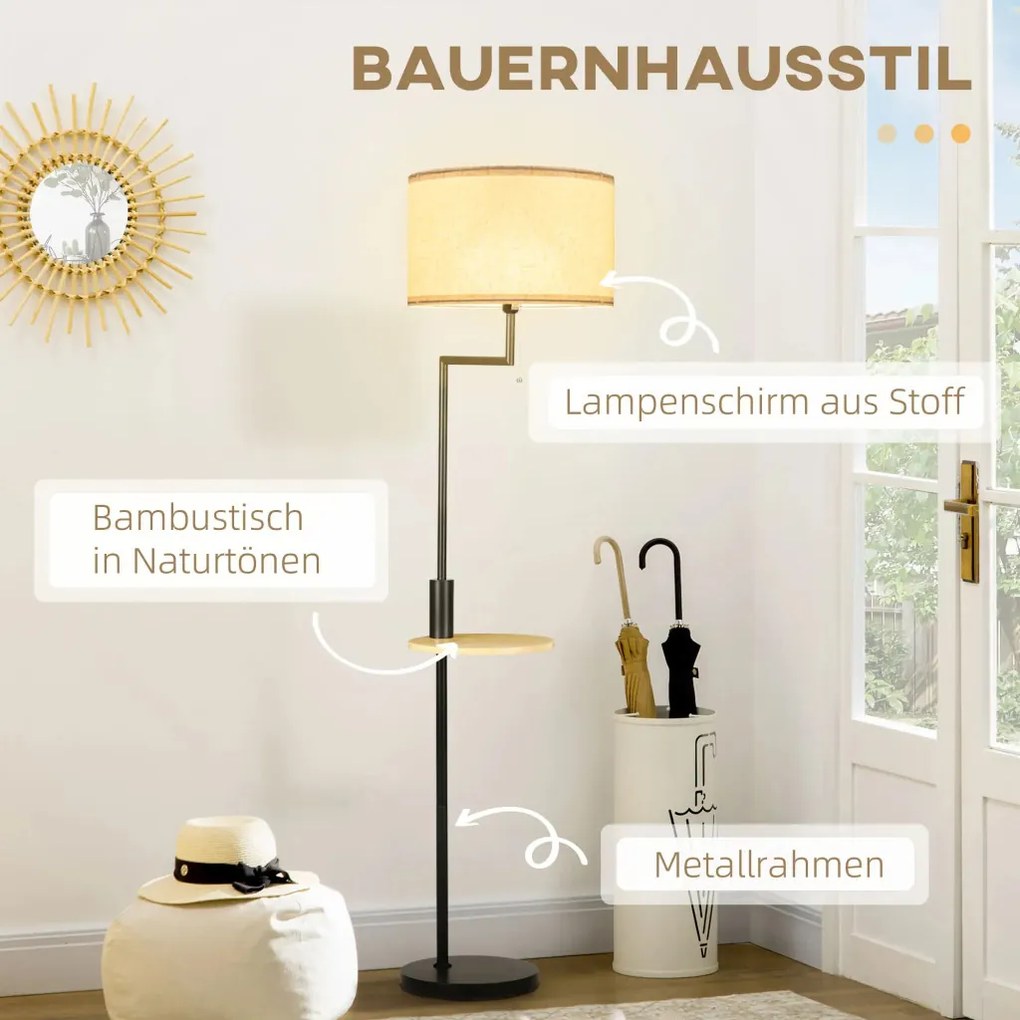 HOMCOM Állólámpa polccal, állólámpa, láncos fogantyú, E27, 40W, bambusz, natúr-fekete