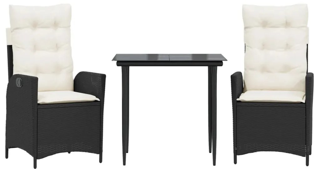 3 részes fekete polyrattan kerti étkezőgarnitúra párnákkal