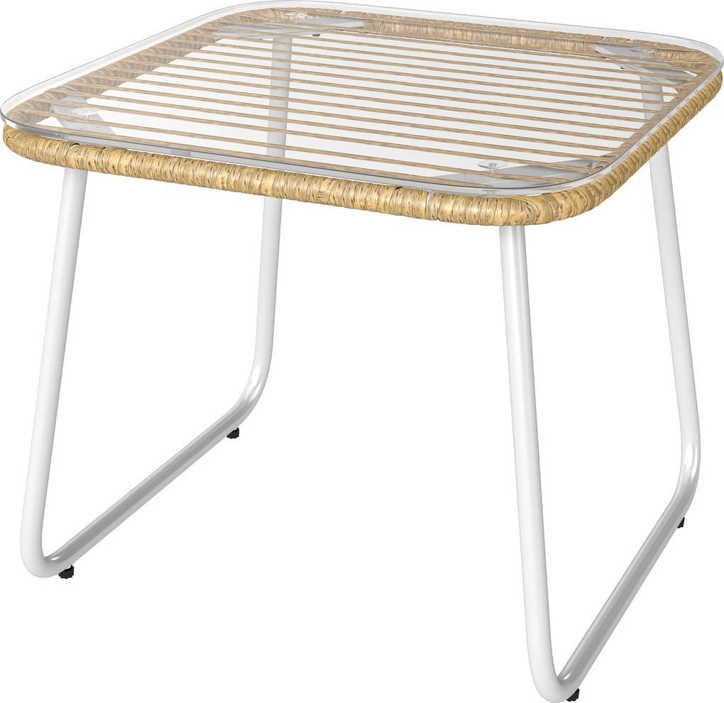 Outsunny Szintetikus Rattan Kerti Asztal, Kültéri Asztal Edzett Üveg Felülettel és Állítható Lábakkal Teraszra, Balkonnak Természetes és Fehér | Aosom