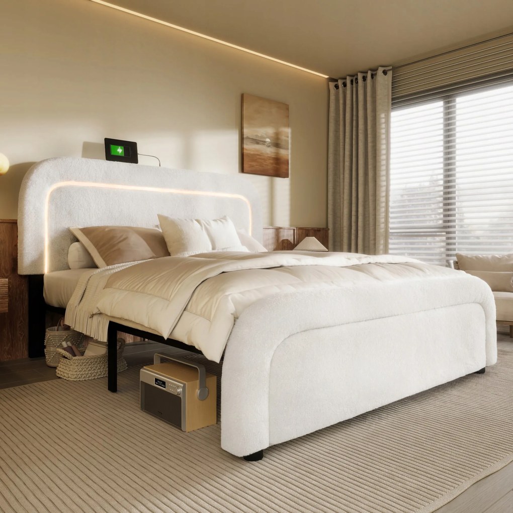 Kárpitozott franciaágy 160x200 cm Led Usb Type-C fehér