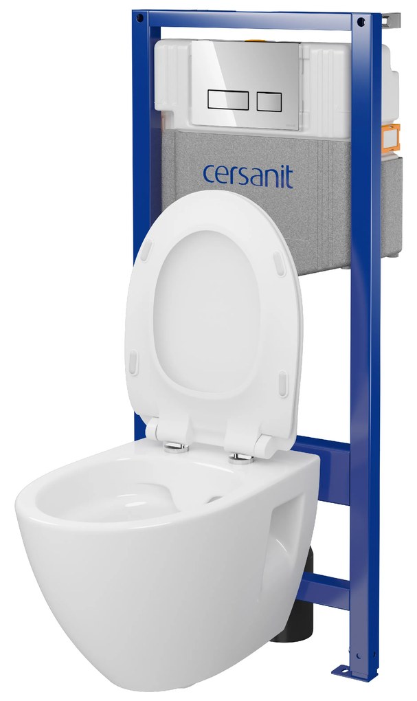 Cersanit Moduo, System50 MECH süllyesztett keret + Moduo Plus CleanOn fali WC csésze + MOVI II króm gomb, S701-769