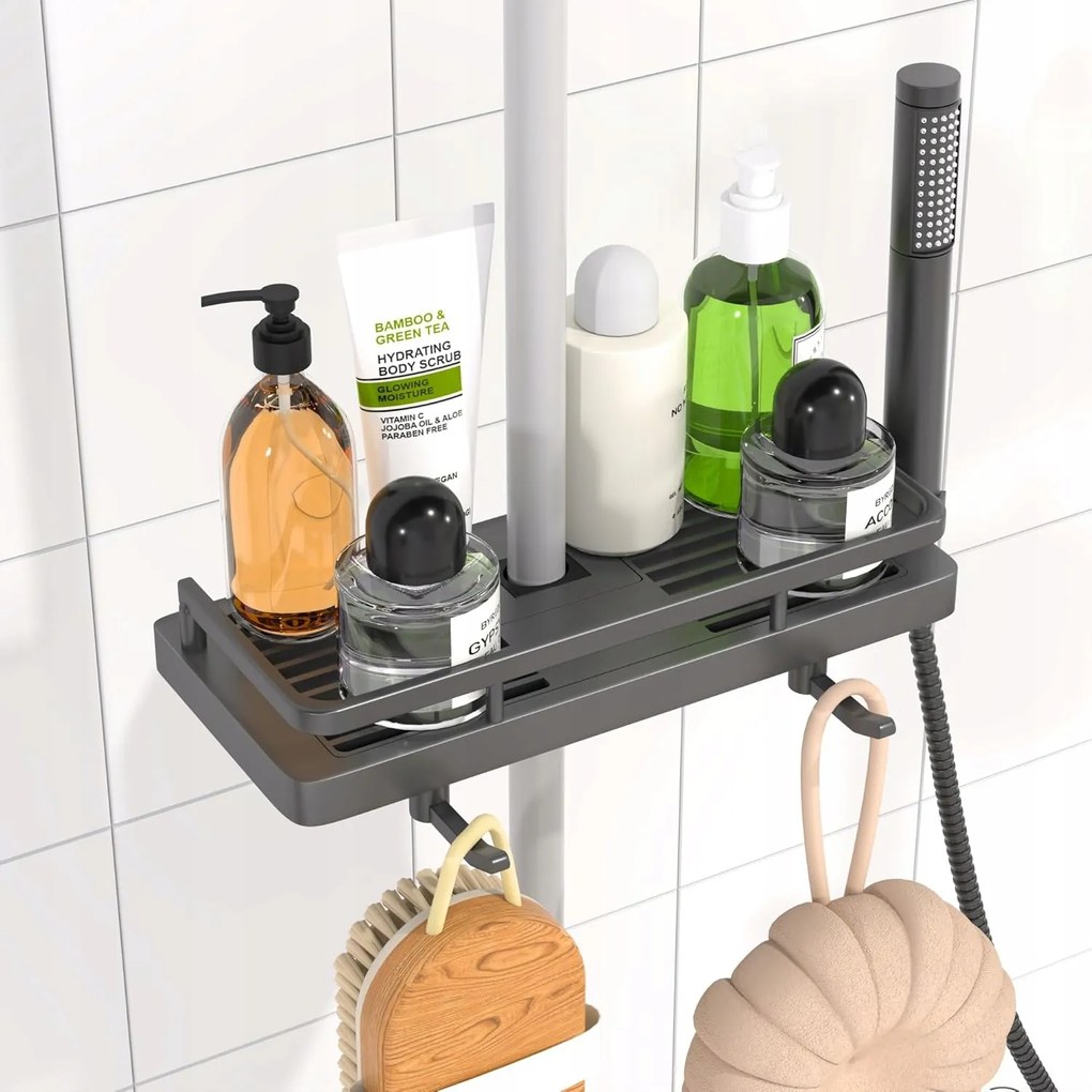 Fürdőszobai Polc Fúrás Nélkül, 18-25 mm-es Rúdra, Akasztókkal, Sötétszürke