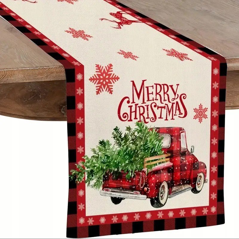 Karácsonyi Asztalterítő 33x274 Piros Teherautó Karácsonyfával