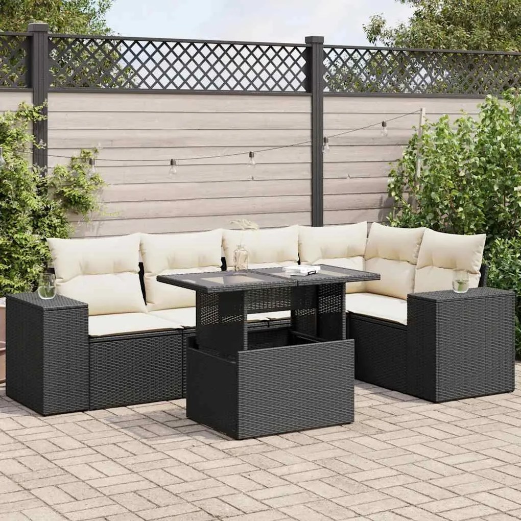 6 részes fekete polyrattan kerti ülőgarnitúra párnákkal