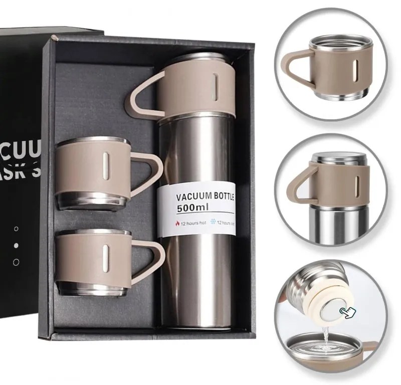 Termosz 500 ml 3 csészével HOT&COLD, bézs