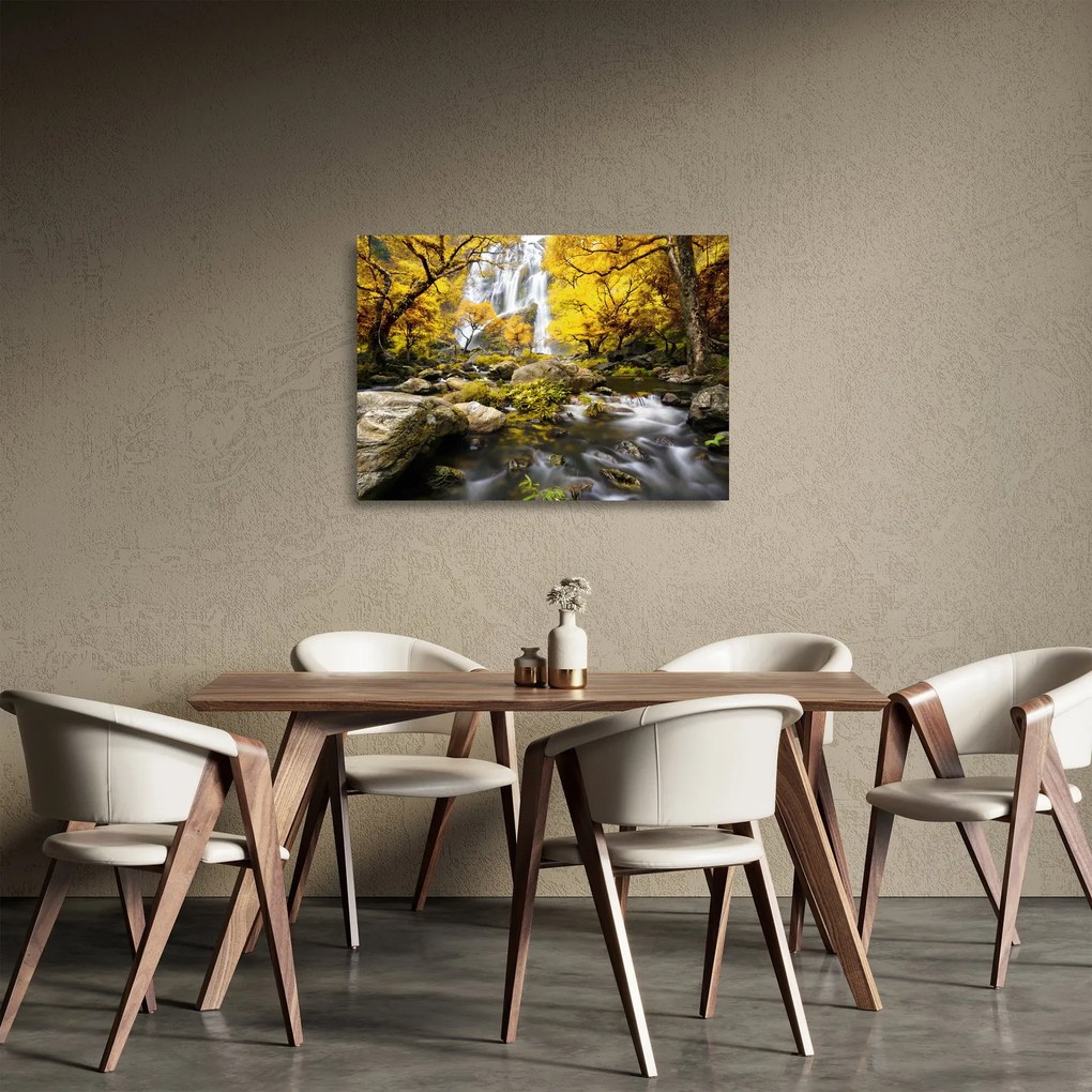 Üveg kép - Vízesések őszi tájban, sárga (70x50 cm)