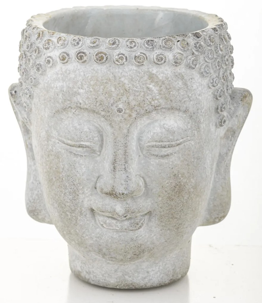 Cyrus design kerek buddha arcot ábrázoló szürke cement virágtartó váza 13,5x12x11cm