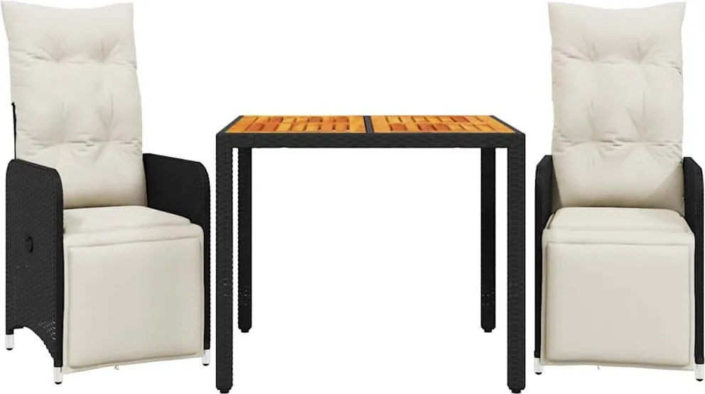 vidaXL 3 részes fekete polyrattan kerti bisztrógarnitúra párnákkal