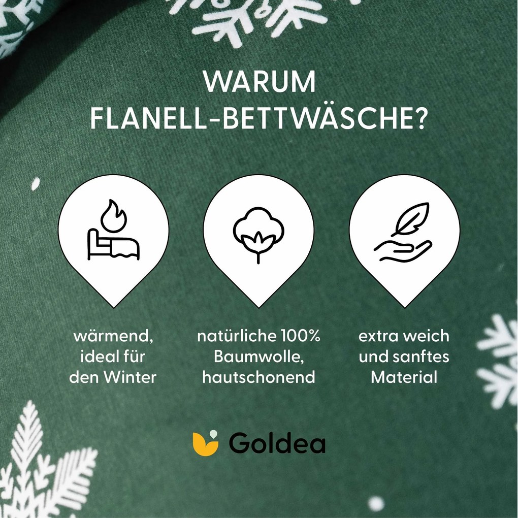 Goldea flanel ágyneműhuzat - hópelyhek zöld alapon 150 x 200 és 50 x 60 cm