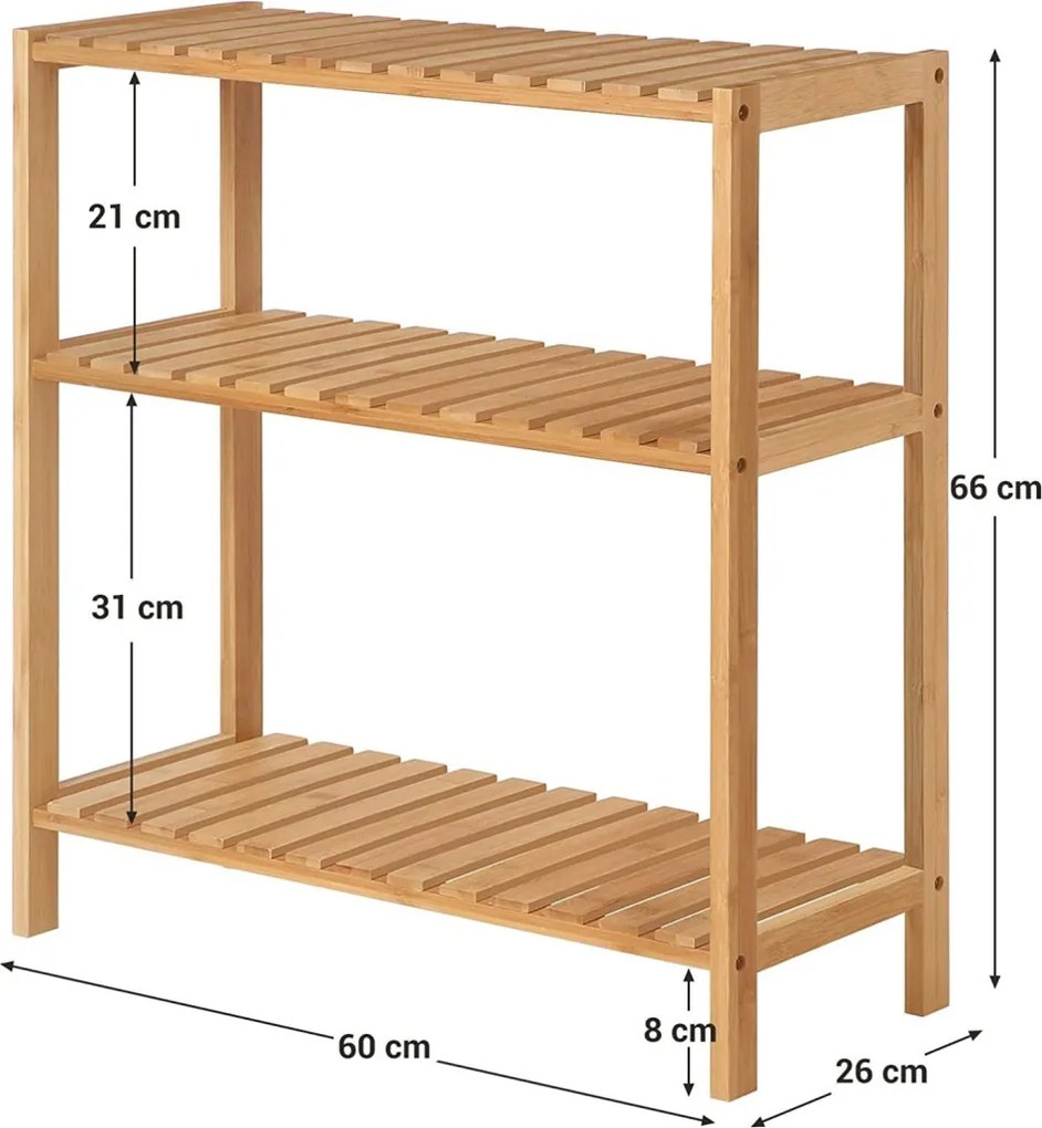 Bambusz polc fürdőszobába, konyhába, 3 szintes 59x26x66cm