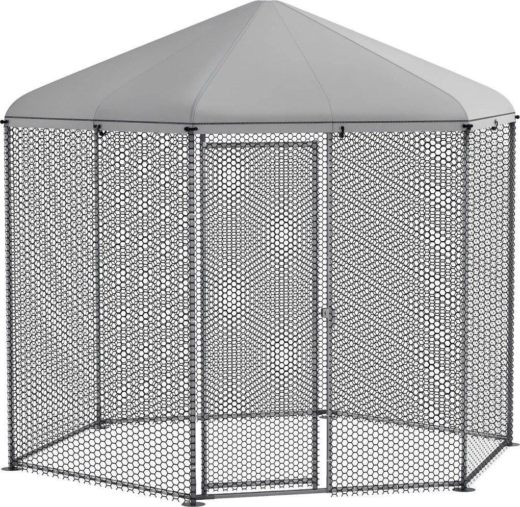 PawHut Csirkeól Kennel Aviary Hatszögletű Kültéri 5 m² - hálós kerítés méretek: 2.8L x 2.45W x 2.46H - fedett terület - horganyzott acél - 5/8 csirke
