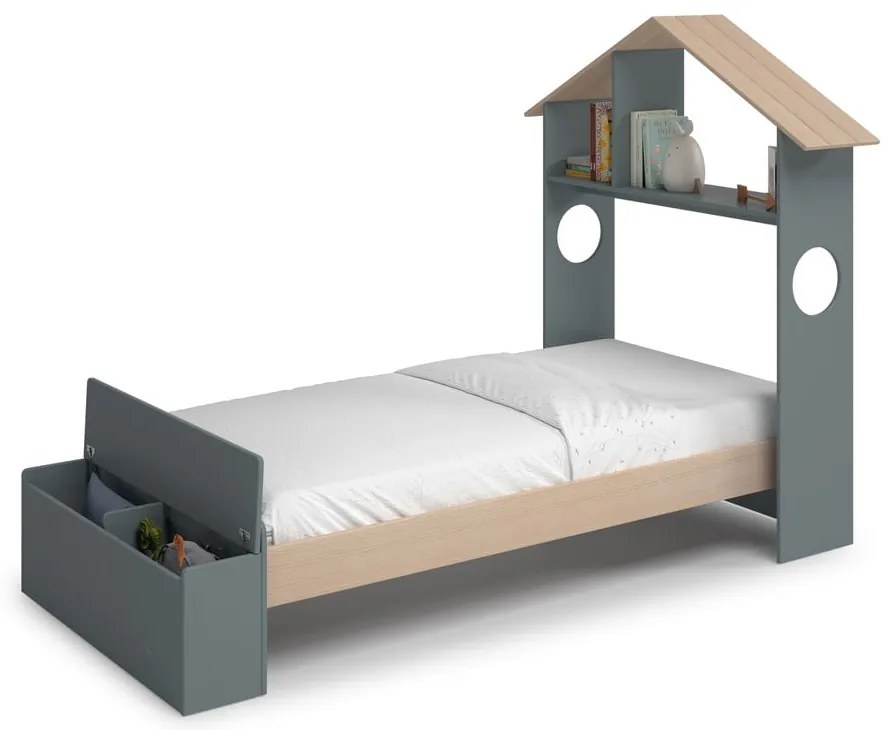 Natúr színű-szürkészöld ágyneműtartós házikó alakú gyerekágy ágyráccsal 90x190 cm borovi fenyő dekorral Odessa – Marckeric