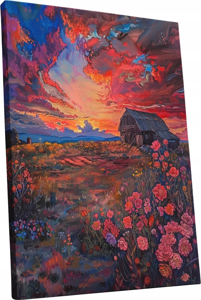 Vászonkép Naplemente virágok táj ház nappali szoba 75x100